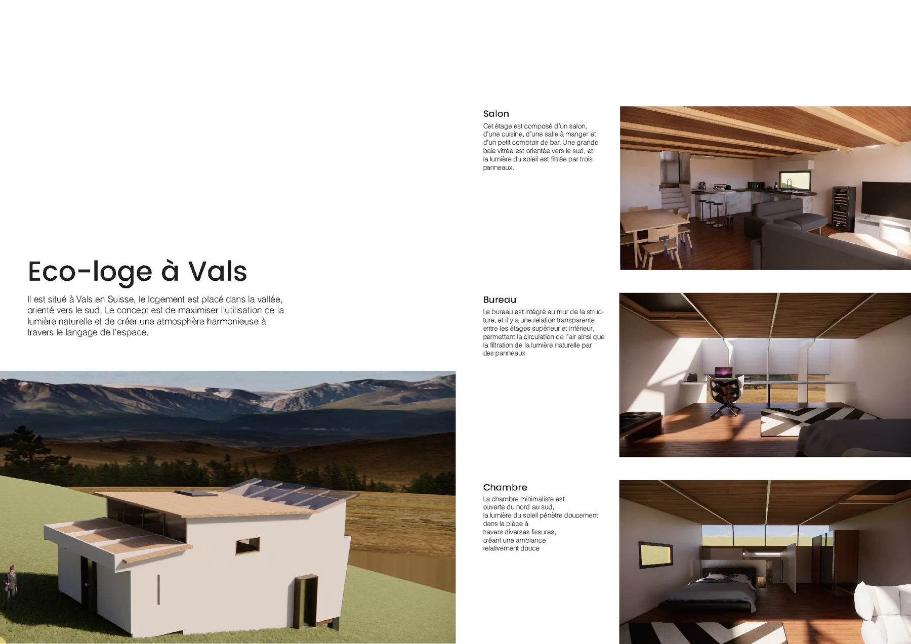 Eco-loge à Vals, vues intérieures et texte de projet