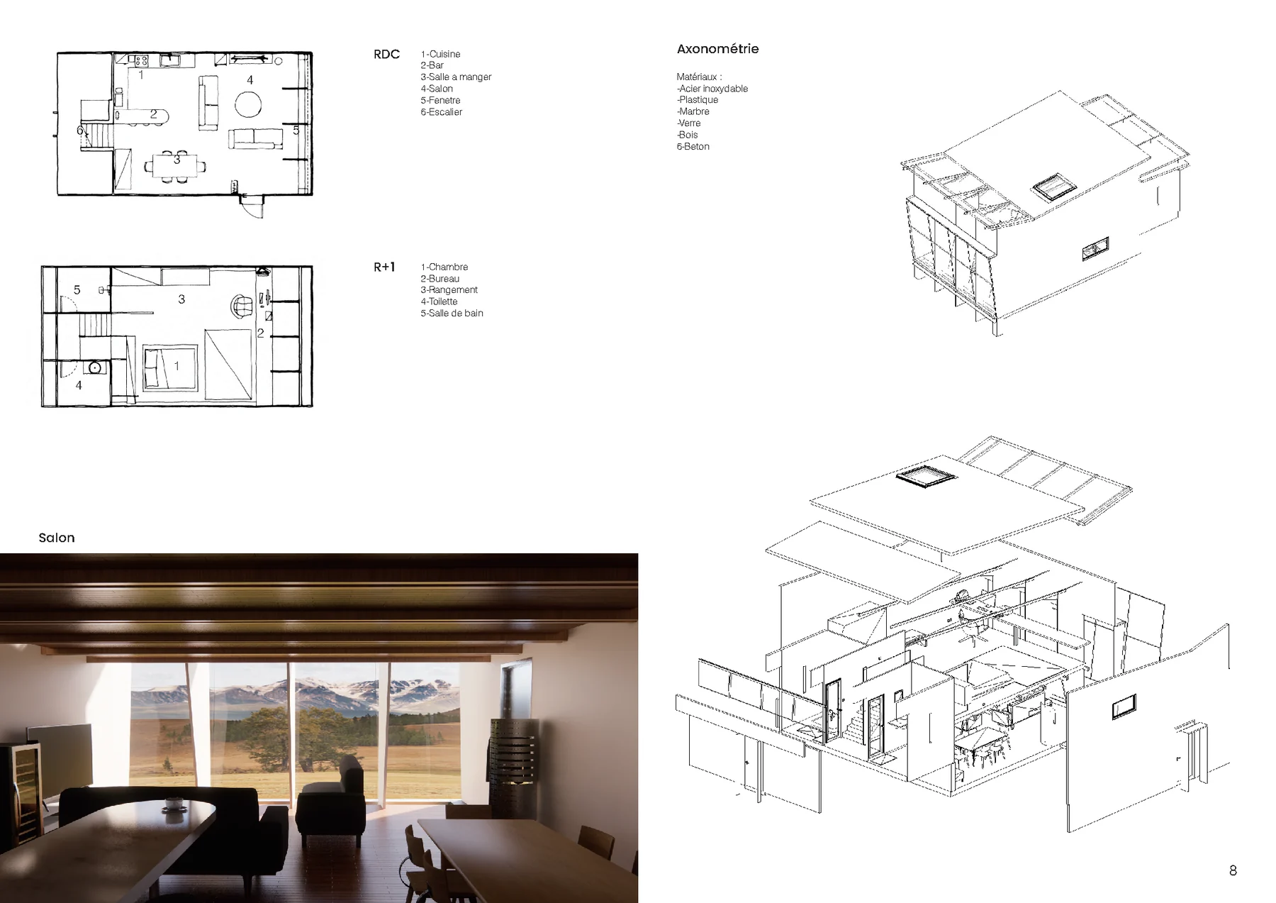 Eco-loge à Vals, axonométrie et plans