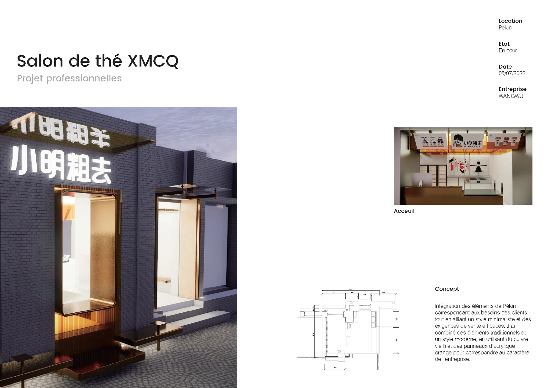 Salon de thé XMCQ, façade, plan et concept
